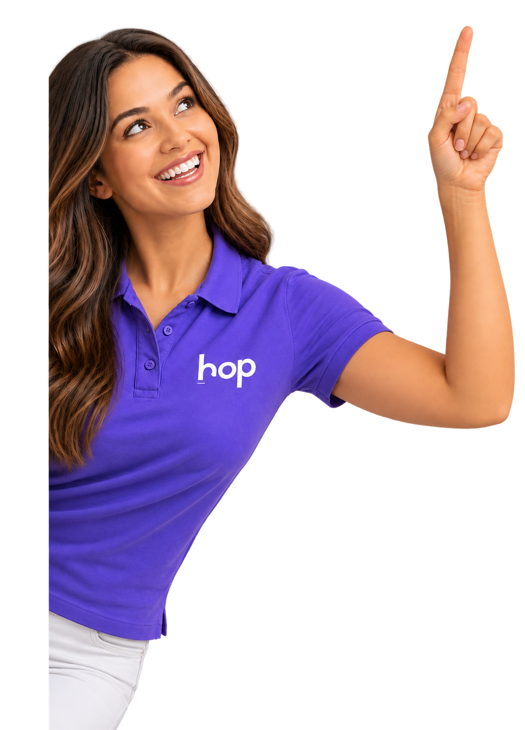 A friendly Hop mortgage adviser pointing upwards and smiling